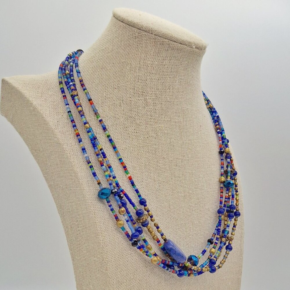 Multi Strand Blue Seed Bead Multicolor Necklace - Picture 3 of 11